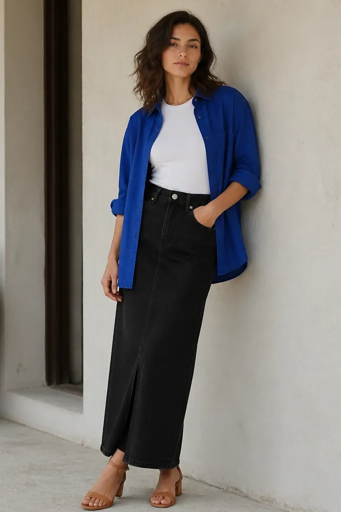 A model in a cobalt blue button-up worn open over a fitted white crew-neck tee, paired with a black denim maxi skirt. The sleeves are rolled to mid-forearm, and the model wears tan leather sandals with a slight heel.