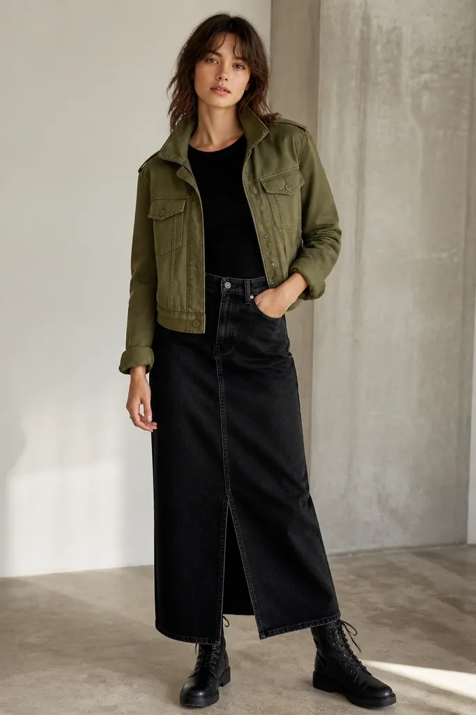 An olive utility jacket worn with a black denim maxi skirt, a black fitted tee underneath, and black combat boots. The jacket has flap pockets and a slightly cropped hem above the hip line.