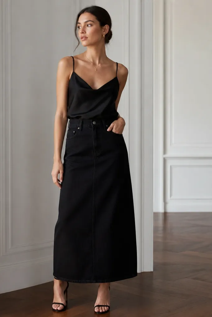 A model wearing a black satin cami with thin straps tucked into a black denim maxi skirt. The skirt is matte and rigid-looking, and the shoes are black strappy heels.