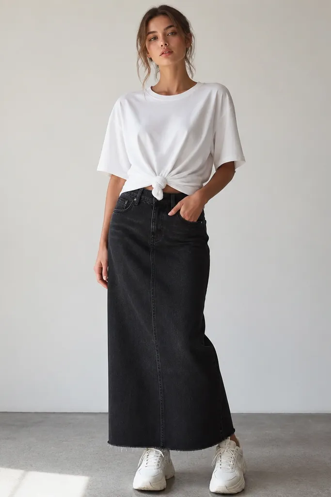 A white oversized tee knotted at the waist over a black denim maxi skirt. The knot sits at the front center, and the model wears white chunky sneakers.