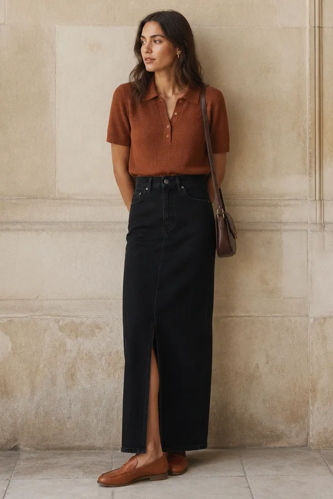 A rust-colored knit polo worn tucked into a black denim maxi skirt. The model has tan leather loafers and a slim brown crossbody bag.