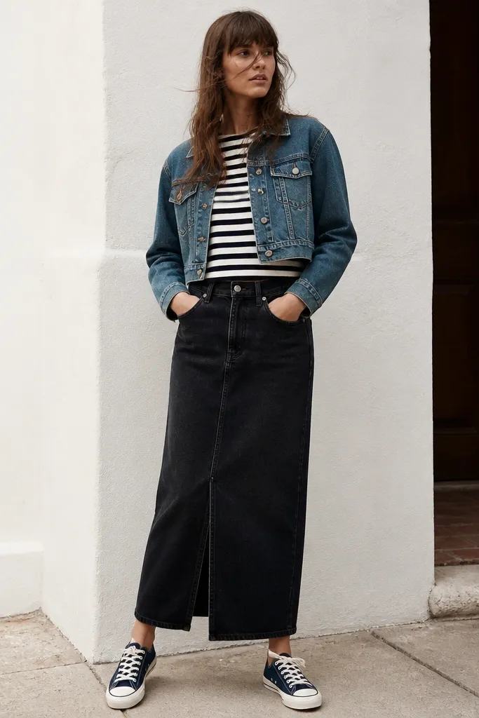 A model wearing a navy-and-white striped breton tee under a cropped medium-wash denim jacket, paired with a black denim maxi skirt. Shoes are navy canvas sneakers.