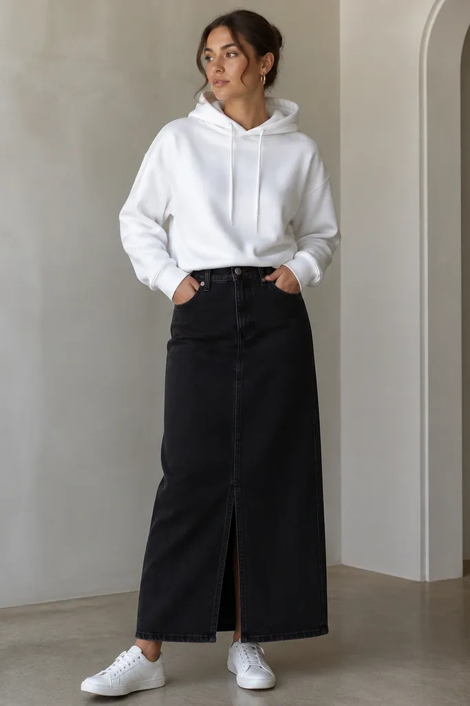 A white hoodie worn with drawstrings hanging, tucked slightly into a black denim maxi skirt. The model wears gold hoop earrings and white sneakers with a low profile.