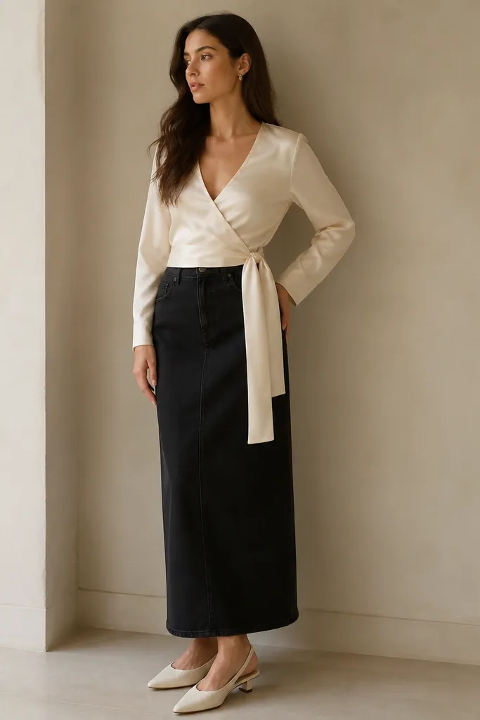 A cream satin wrap top with a tie at the waist worn with a black denim maxi skirt. The tie sits at the waist, and the model wears cream slingback flats with a slight heel.