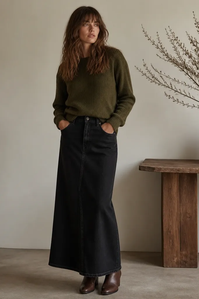 An olive knit sweater worn with a black denim maxi skirt. The sweater has a slightly loose fit at the waist, and the model wears dark brown ankle boots.