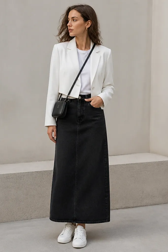 A white cropped blazer worn over a simple black or white tee, paired with a black denim maxi skirt. The model wears white sneakers and a small black crossbody bag.