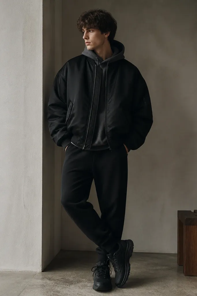 A charcoal hoodie worn under an oversized black bomber, black joggers, and black chunky sneakers. The bomber hem covers the top of the hoodie.