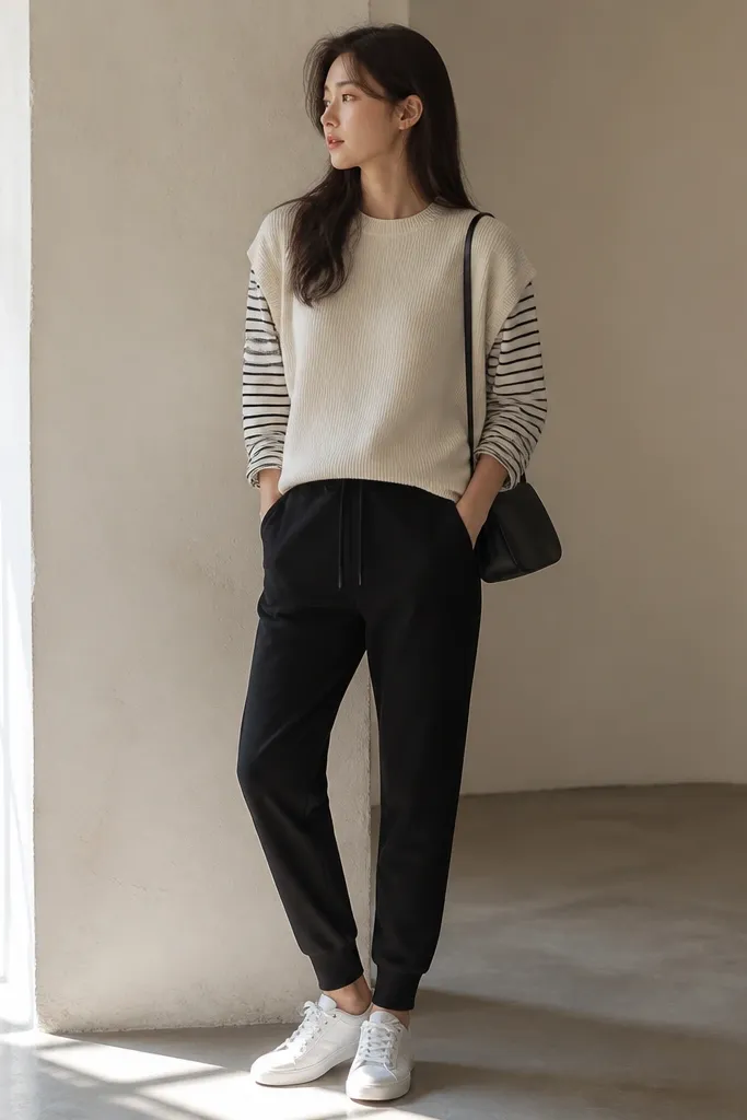 Black joggers with a clean taper, a cream sweater vest layered over a long-sleeve striped tee, and white sneakers. A small shoulder bag sits against the hip.