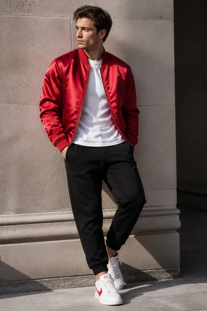 Black joggers with visible elastic at the cuffs, a white crew tee, and a red satin bomber jacket. The jacket collar catches light, and the sneakers are white with red accents.