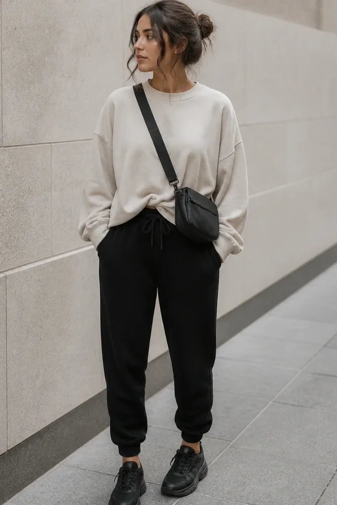 Oversized oatmeal sweatshirt worn with black joggers. The sweatshirt front is lightly knotted at the waistband, and there's a black leather crossbody bag across the chest. Sneakers are all black.