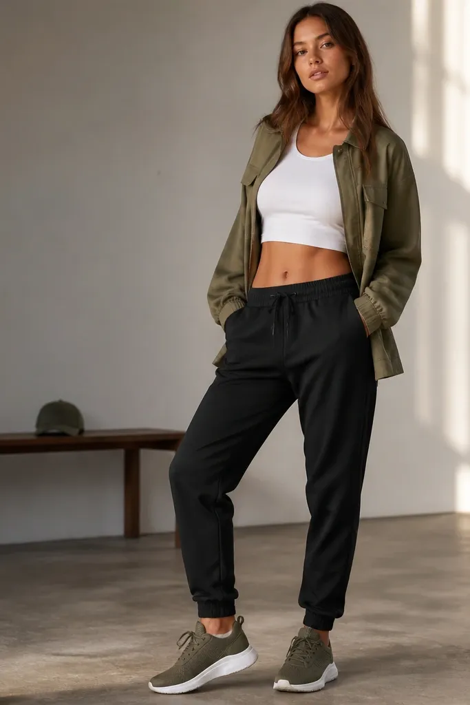 Black joggers with a mid-rise waist and a matte finish, an olive utility jacket worn open, and sneakers in olive with white soles. A baseball cap sits in the background of the photo.
