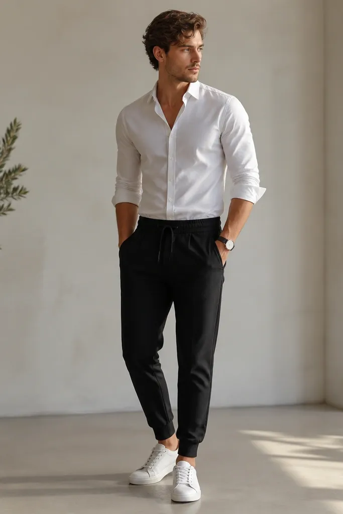 Black joggers paired with a fitted white button-down shirt. Sleeves are rolled, the front is tucked, and the model wears a minimal watch and white sneakers.