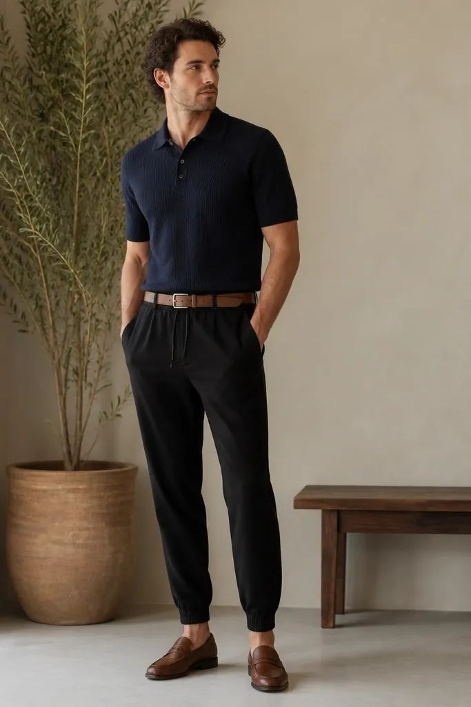 A navy knit polo tucked into black joggers, with a tan belt and brown loafers. The collar sits clean and the polo has a soft rib texture.