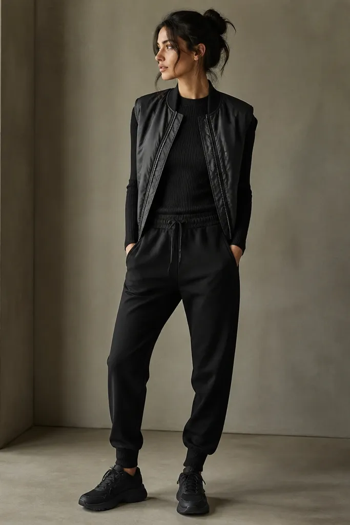 A ribbed black long-sleeve top tucked into black joggers. Over it is a black bomber vest with a slightly shiny nylon surface. Black trainers complete the look.