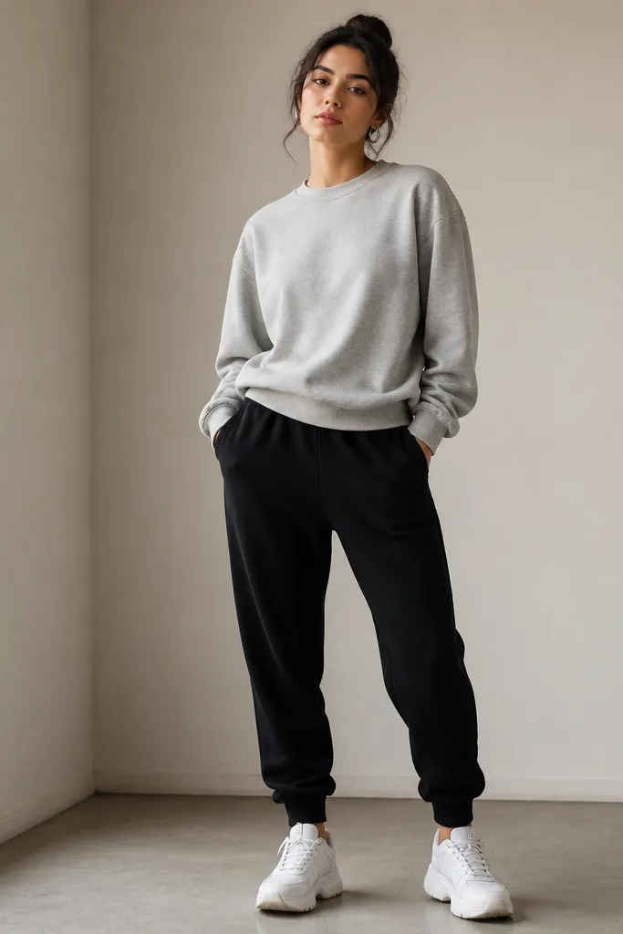 Light gray crewneck sweatshirt worn over black joggers, paired with white chunky sneakers. Silver hoop earrings are visible, and the outfit has a clean casual stance.
