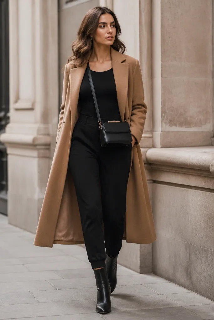 Black joggers with a tapered leg, a black bodysuit, and a camel overcoat worn open. The model wears black ankle boots and a small structured crossbody bag.