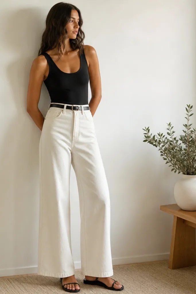 A fitted black tank worn with high-waisted white wide-leg denim, cinched with a black belt; black sandals and a cream knit beanie in the corner.