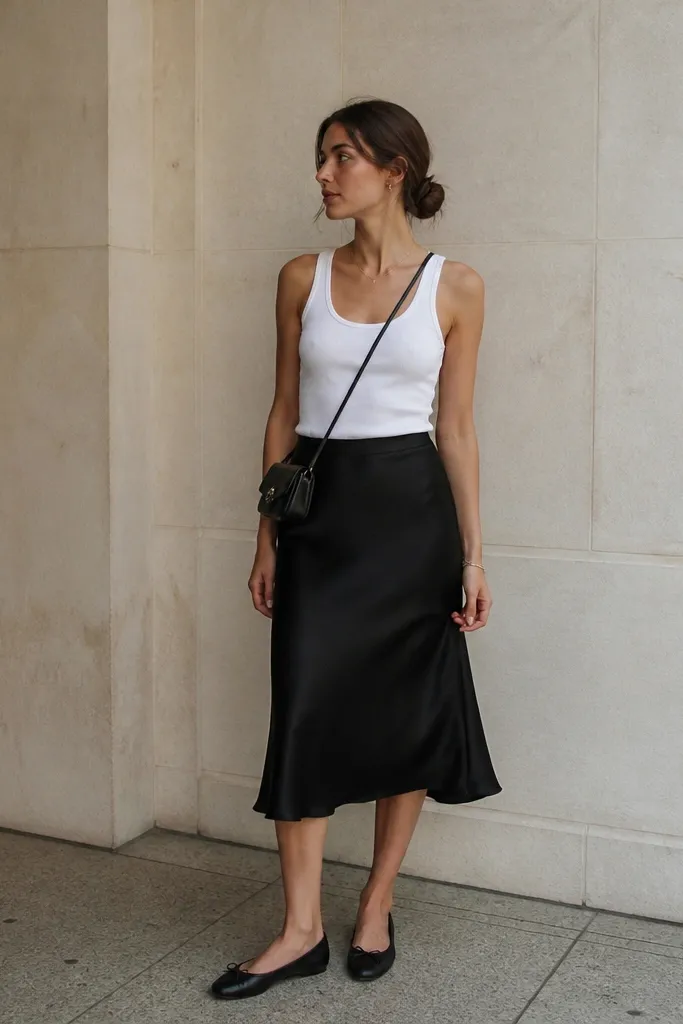 A white tank layered with a black satin slip skirt that drapes to just below the knee; black ballet flats and a small black crossbody.