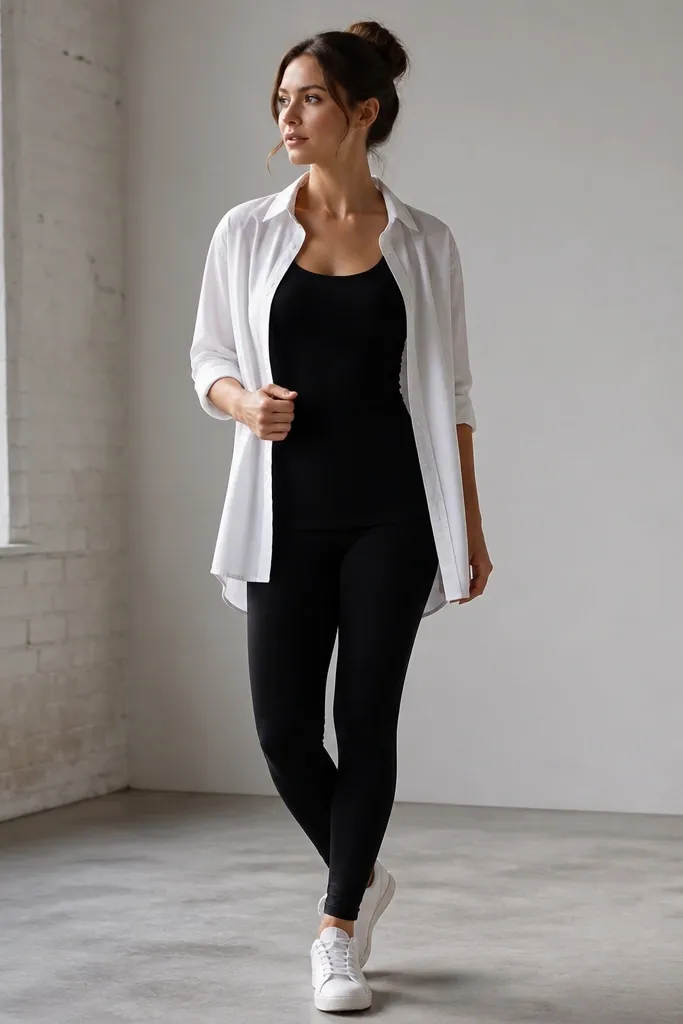 A black tank with a white button-front shirt worn open like a layer; sleeves half-rolled, paired with black leggings and white low-top sneakers.