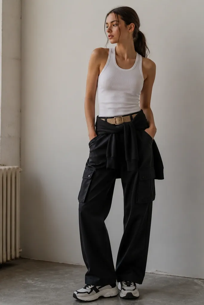 A white tank with black cargo pants featuring visible pockets; a tan canvas belt; chunky black-and-white sneakers and a black zip hoodie tied at the waist.