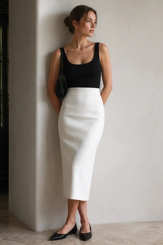 A black tank tucked into a white pencil skirt with a clean seam at the waist; black pointed flats and a small black shoulder bag.