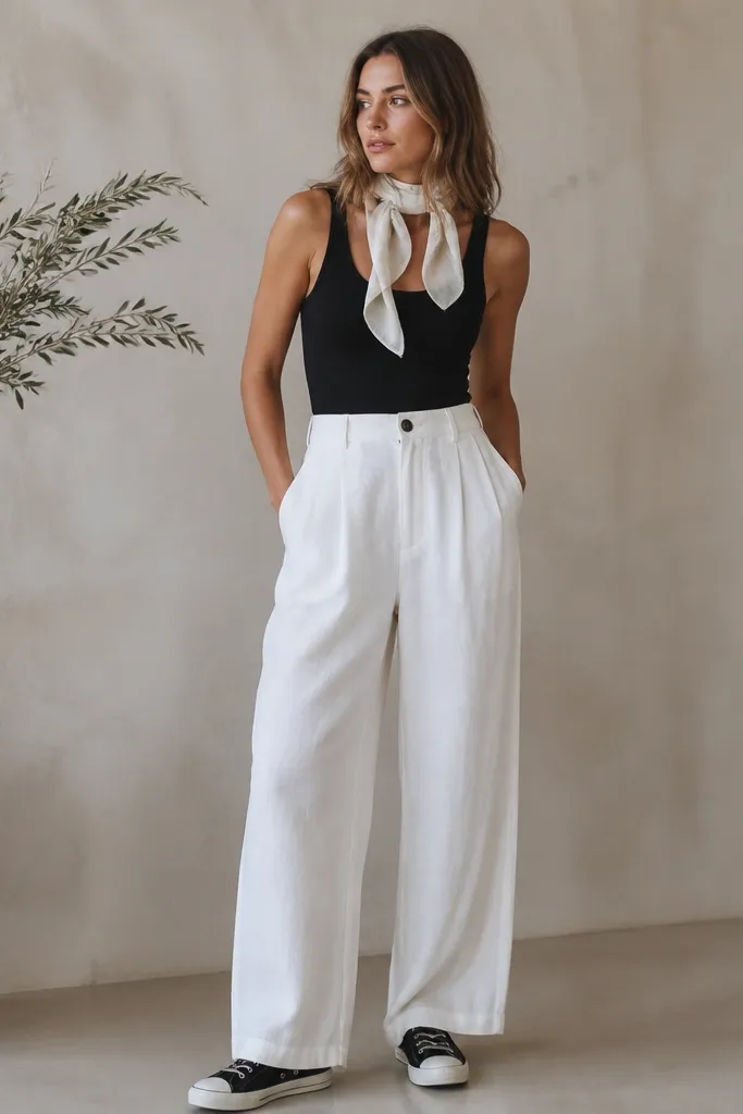 A black tank tucked into high-waisted white linen pants with visible texture; black canvas sneakers and a light scarf draped at the neck.