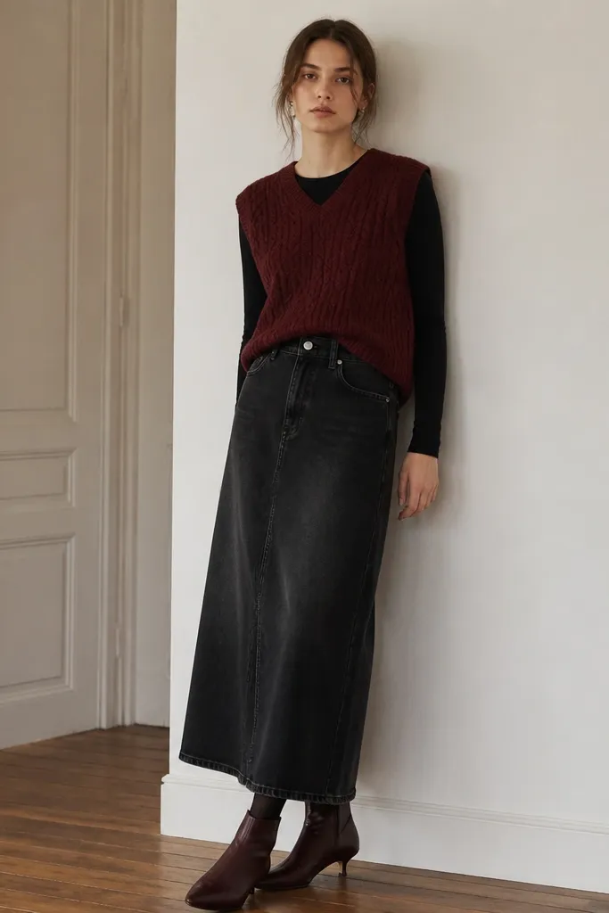 A burgundy knit sweater vest layered over a fitted black long-sleeve shirt. The black denim maxi skirt has a slightly faded wash. The outfit is shown with burgundy ankle boots and dark tights.