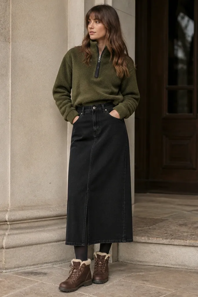 A black denim maxi skirt with an olive fleece quarter-zip top. The boots are brown with visible shearling lining at the collar and tongue. The look includes dark, opaque tights.