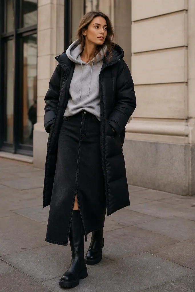 A heather gray hoodie tucked at the front into a black denim maxi skirt. A long black puffer coat covers the upper body. The boots are black and tall, with thick outsoles.