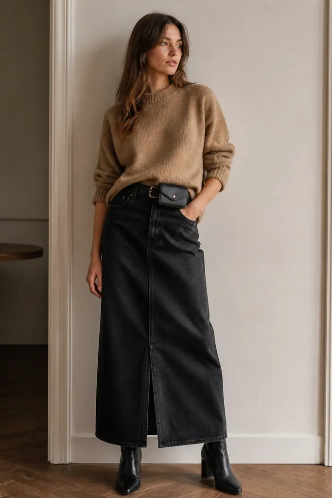 A camel knit sweater worn with a black denim maxi skirt. A small belt bag sits at the waist over the denim. The shoes are black leather boots.