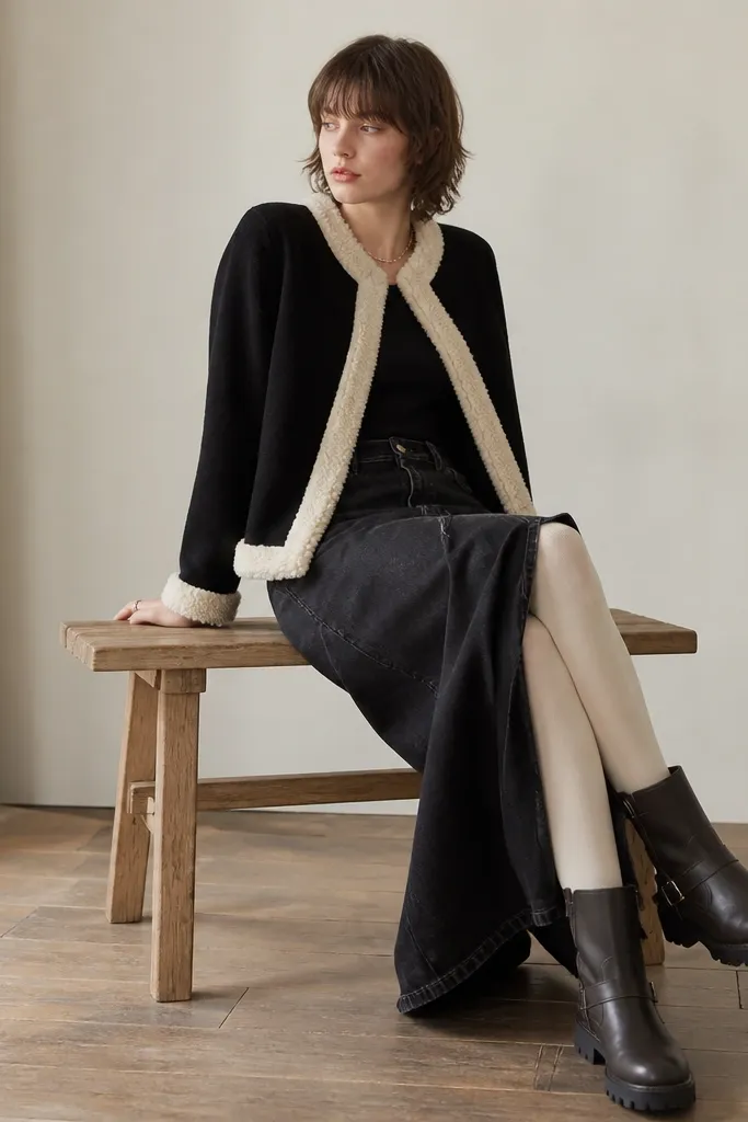 A black cardigan with faux-shearling trim around the opening and cuffs. The model wears cream or light beige tights under a black denim maxi skirt. Boots are dark and sturdy.