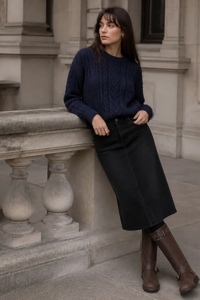 A navy cable knit sweater paired with a black denim maxi skirt. The boots are brown knee-high with a flat sole and visible buckles. The tights are dark and opaque.