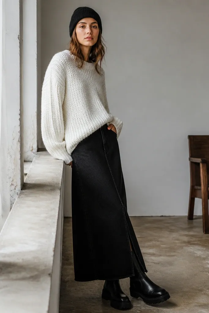 A chunky white knit sweater worn with a black denim maxi skirt. A black beanie sits on the head. The boots are black with a rounded toe and thick sole.
