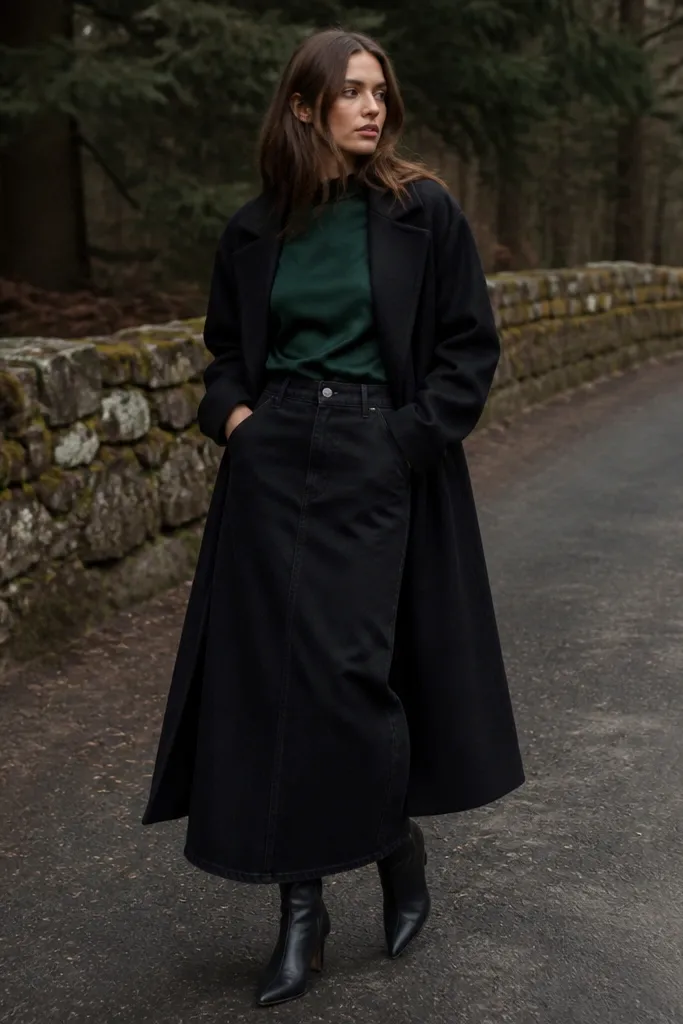 A forest green top with a slight sheen is tucked into a black denim maxi skirt. A matte black coat covers the upper body. The boots are black leather and slightly pointed.