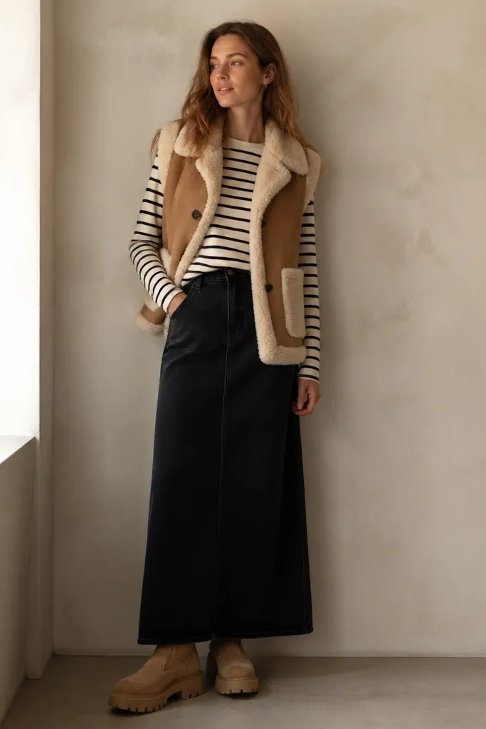 A black and cream striped long-sleeve shirt under a camel shearling vest. The black denim maxi skirt is visible, with a subtle seam at the waist. Boots are tan with thick soles.