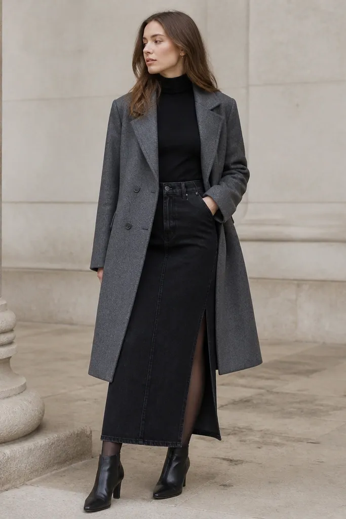 A black denim maxi skirt with a small slit at the side. A black turtleneck sits under a gray wool-blend coat. The model wears black tights and dark ankle boots.