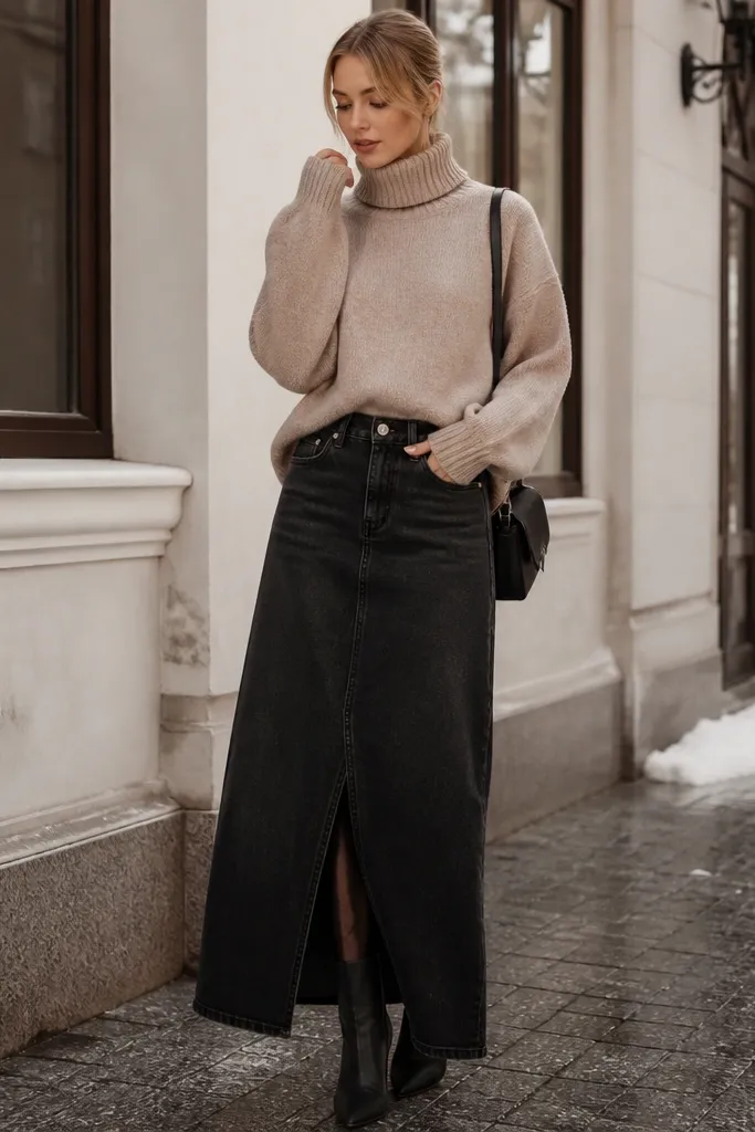 Cozy black denim skirt outfit winter maxi outfits