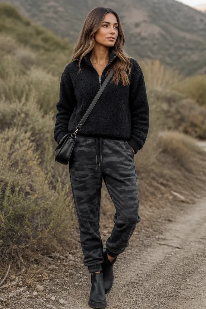 A woman standing outdoors in charcoal-toned camo joggers and a black quarter-zip fleece. The zipper is half up. Black ankle boots and a black crossbody bag. The fleece texture is visible and plush.