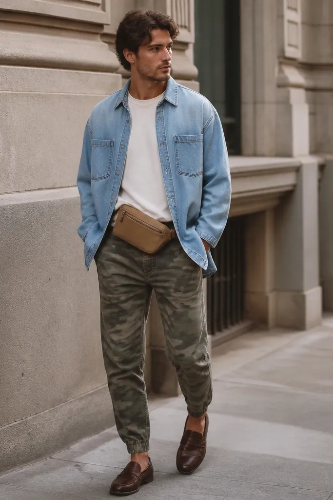 A street-ready outfit: olive camo joggers under a light-wash denim overshirt worn unbuttoned. A tan belt bag across the waist. Brown loafers or casual shoes. The denim has visible stitching and a slightly worn finish.