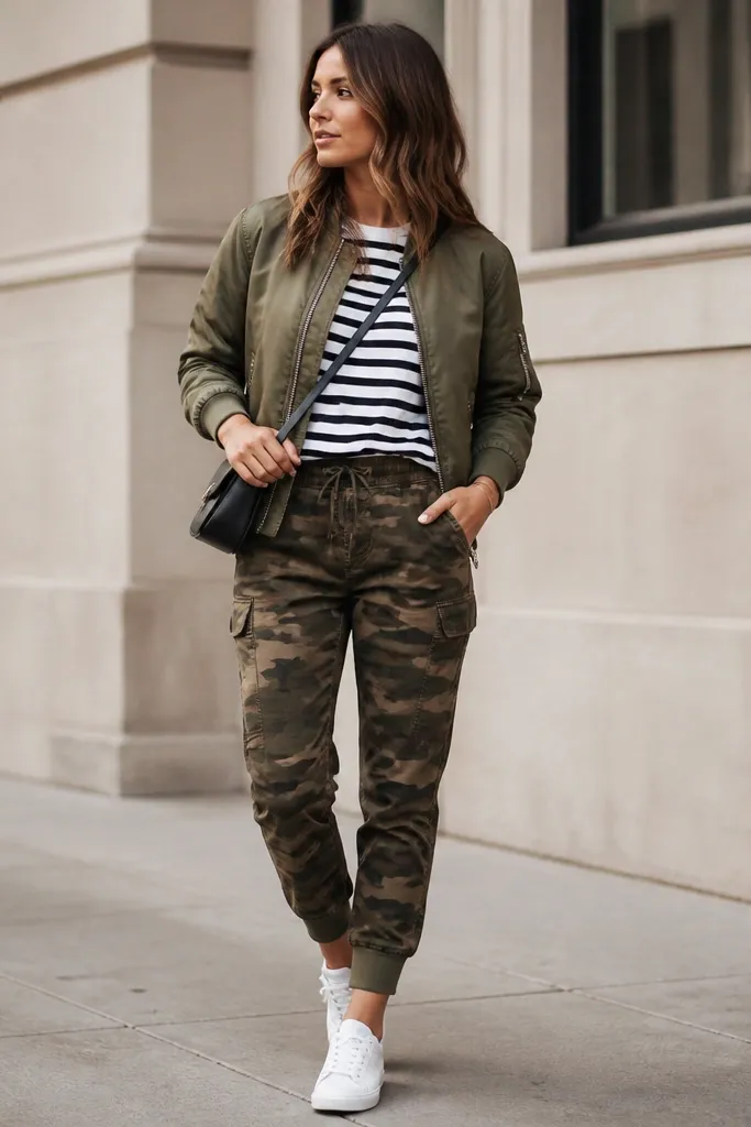 A layered photo: camo joggers paired with a black-and-white striped tee and an olive bomber jacket. The bomber has a zip front and ribbed cuffs. White sneakers and a small crossbody bag.