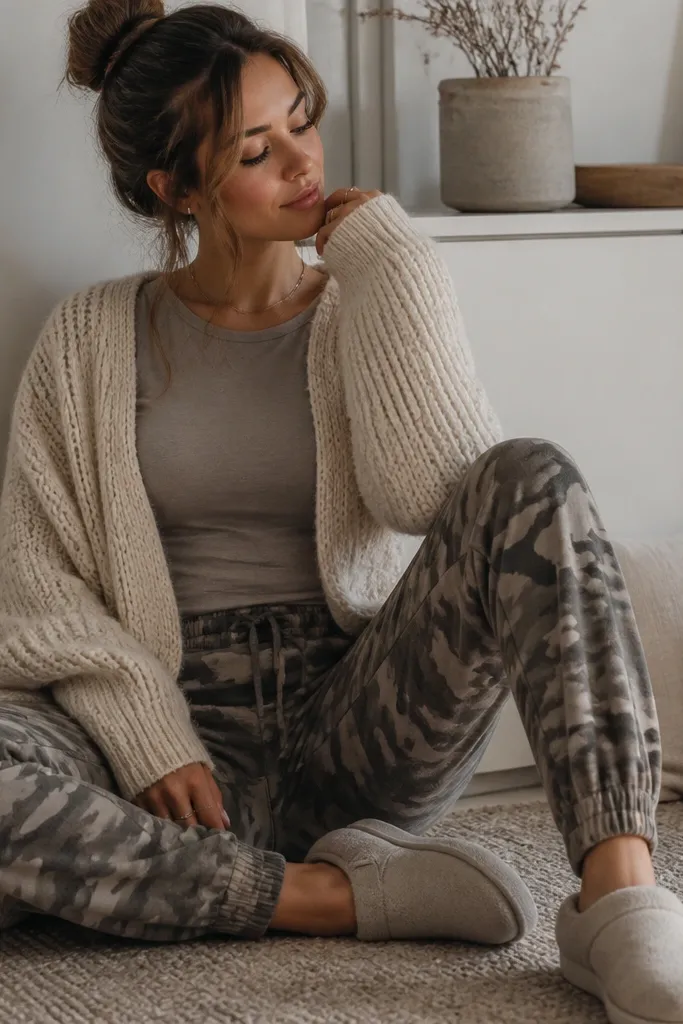 A cozy indoor-style photo: gray-brown camo joggers with a cream knit cardigan draped over a simple top. Soft lighting shows the cardigan texture. Neutral slippers or sneakers.