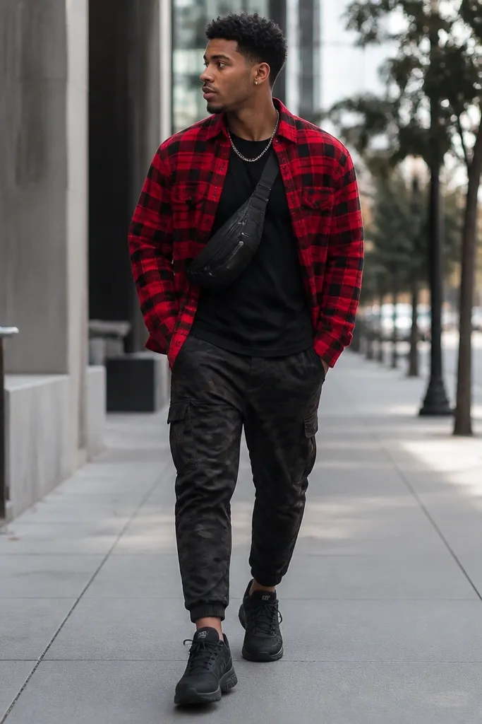 A bold casual look: black camo joggers with a red-and-black flannel worn open over a black tee. Red plaid pattern is crisp. Black sneakers and a crossbody bag.