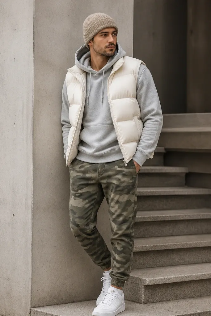 A layered cold-weather look: olive camo joggers with a cream puffer vest layered over a gray hoodie. The vest is quilted and slightly shiny. White sneakers and a knit beanie.