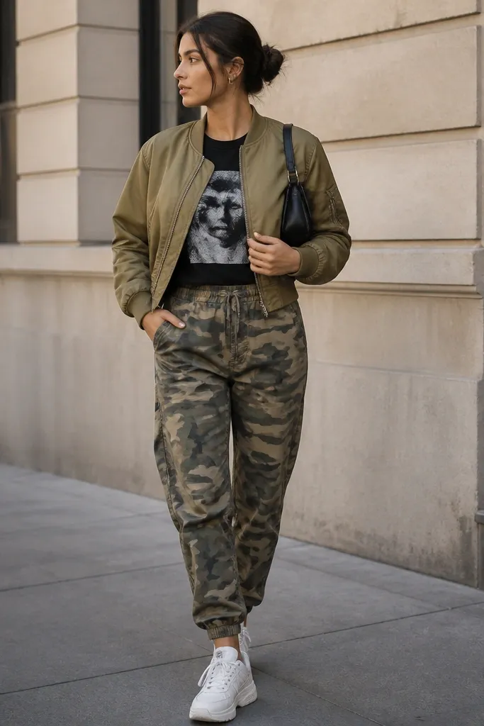 A casual street photo: camo joggers with a black graphic tee. A cropped bomber jacket in olive or tan sits above the waistband. White sneakers and a small shoulder bag.