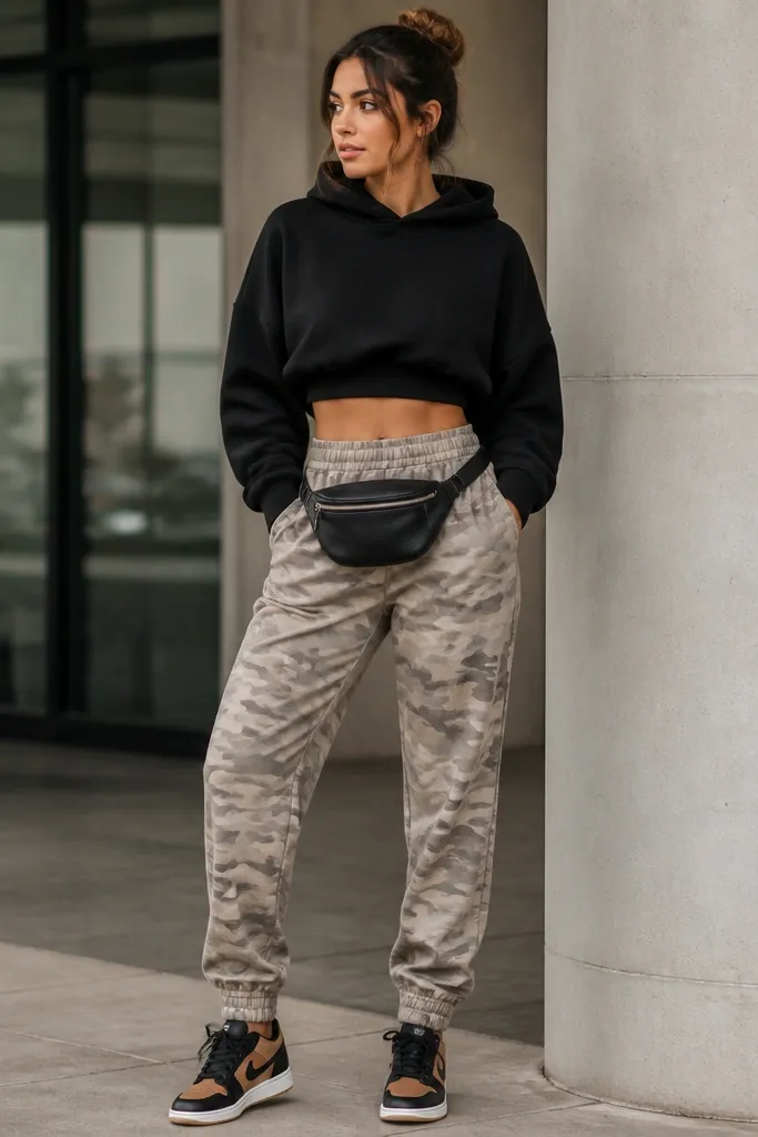 A high-waist look: taupe camo joggers with a black cropped hoodie showing the waistband. The hoodie has a soft fleece texture. Black-and-tan sneakers and a small belt bag.