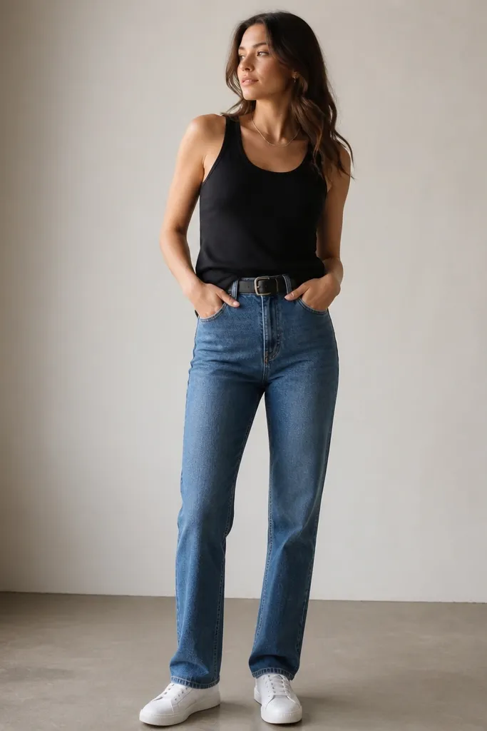 Medium-wash high-rise jeans paired with a black tank top tucked in at the front just slightly. White sneakers and a minimal silver chain are visible. The model's belt is black, and the jeans have a clean straight cut.