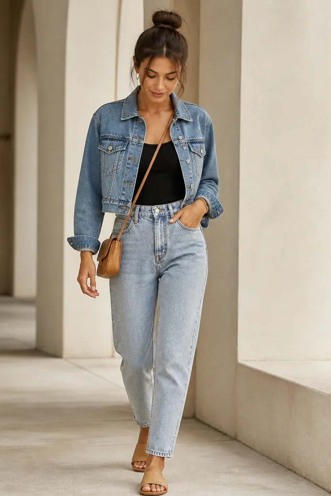 Light-wash mom jeans with a relaxed fit and slight taper at the ankle. A black tank top sits under a cropped blue denim jacket. The model wears tan sandals and has a small crossbody bag.
