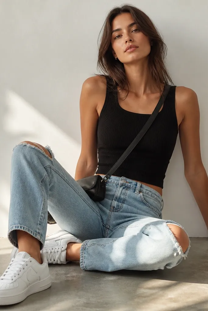 Light distressed jeans with small rips at the knee and a black tank top with wide straps. The tank has visible ribbing and a slightly cropped hem. The model wears white sneakers and a black crossbody bag.