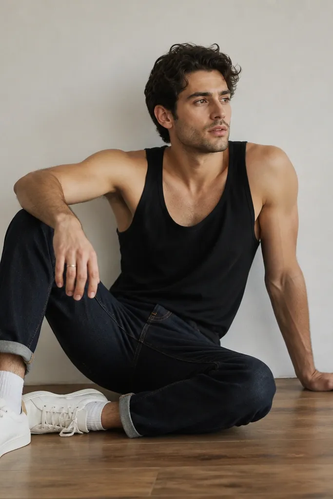 Dark wash jeans with the hem cuffed once, showing ankle and socks. A black tank top sits flat with a scoop neckline. White sneakers and a simple silver ring are visible.