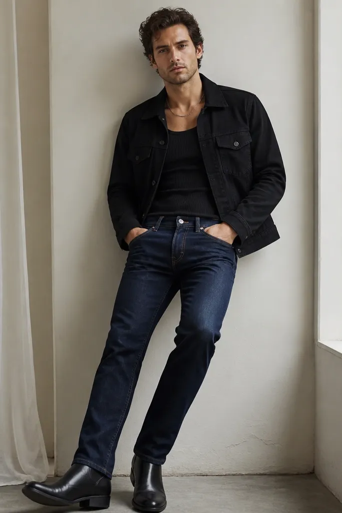 Ribbed black tank top under a black trucker jacket. The jeans are dark blue with a traditional five-pocket style. The model wears black boots and a small chain necklace.